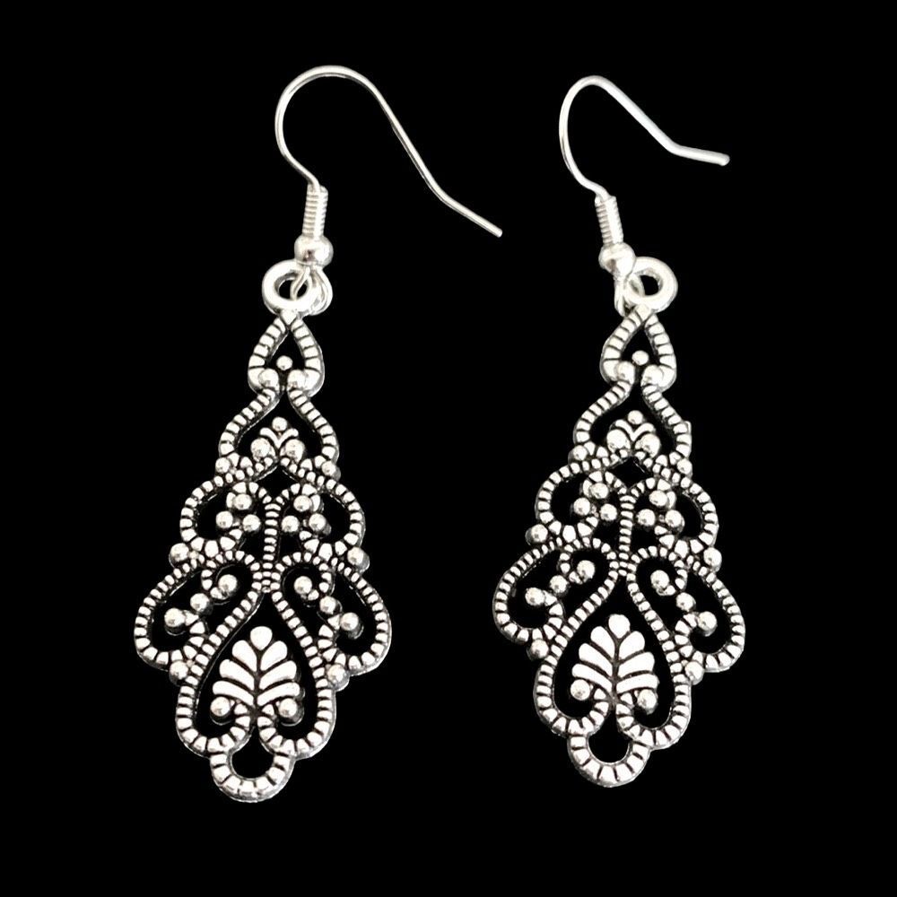 Silver Filigree Chandelier Scroll Earrings -  2” Long Drop in Silver Tone